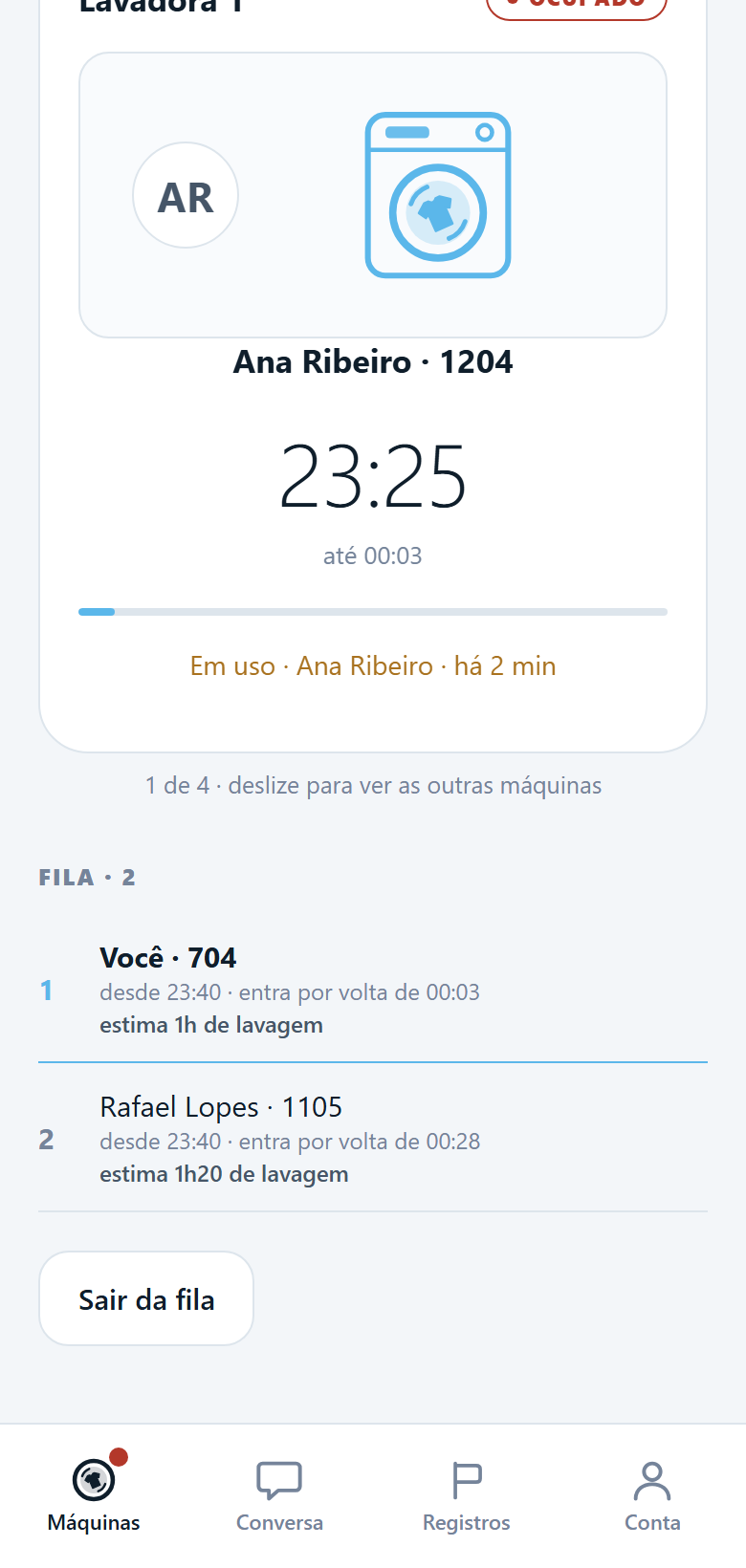 Tela da fila: dois moradores esperando, cada um com a hora prevista e o tempo de lavagem que estima.